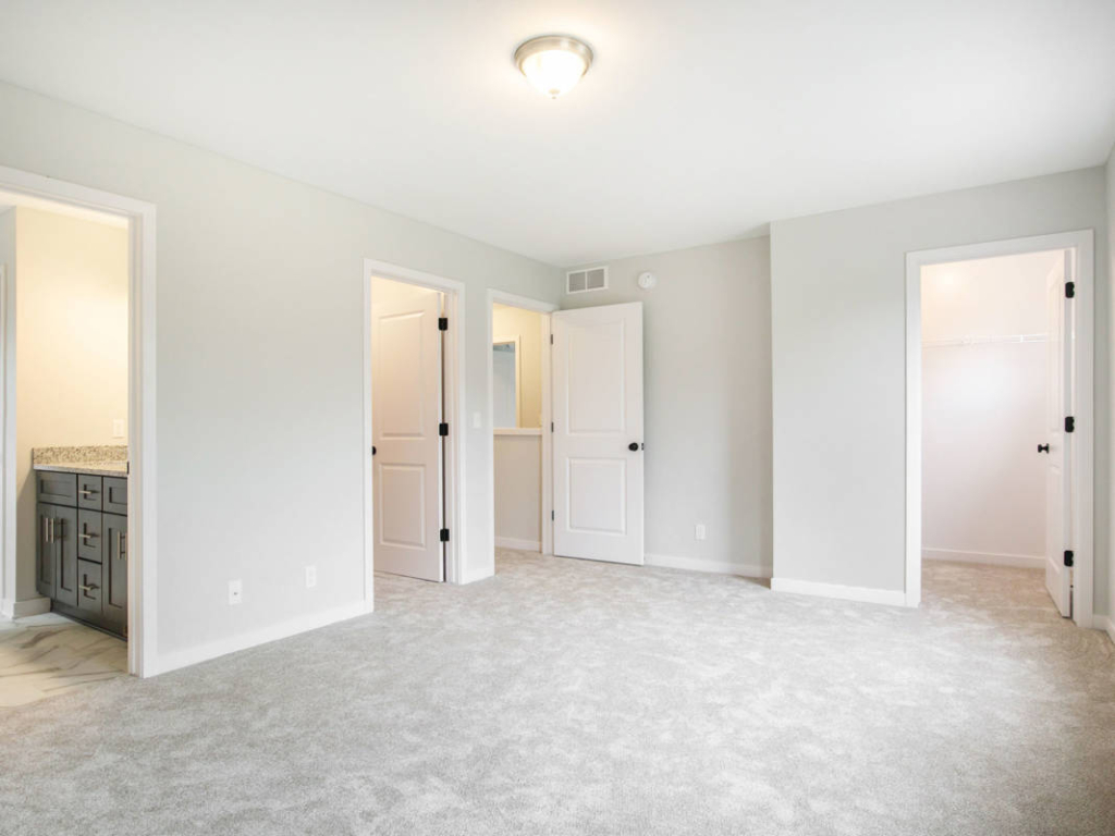 Spacious, empty bedroom with light gray carpet, white walls, ceiling light fixture, three doors leading to a bathroom, closet, and hallway.