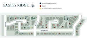 Map of Jenison Michigans Eagles Ridge neighborhood showing available and sold homes, marked with different colored dots.