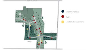 Housing development map for Spring Groove in Hudsonville, MI, displays available lots and sold Bosgraaf Homes using colored dots.