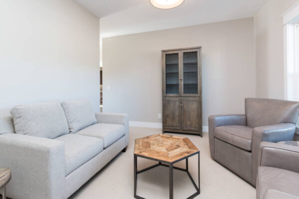 IMG_0262 Minimalist living room with a light gray sofa, gray armchair, hexagonal wood table, and a tall cabinet.