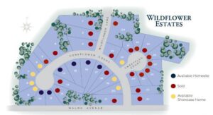 Map of Wildflower Estates in Kentwood, Michigan, showing available, sold, and showcase home sites.