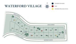 Map illustrating Waterford Village with available homesites, sold properties, and showcase homes.