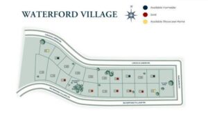 Waterford Village map: plots in red for sold, yellow for showcase homes, and blue for available.